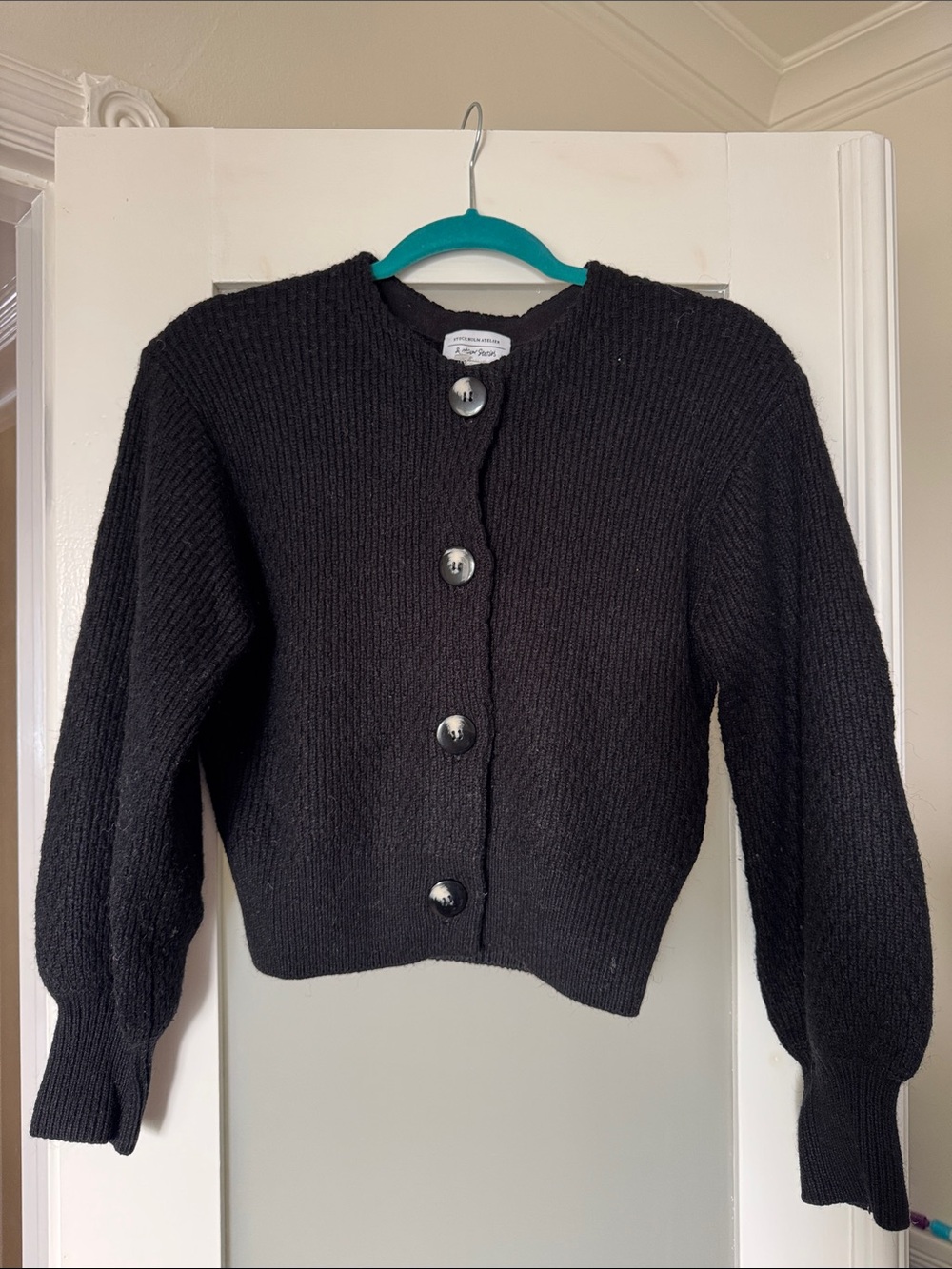 & Other Stories Black Ribbed Crewneck Button Cardigan